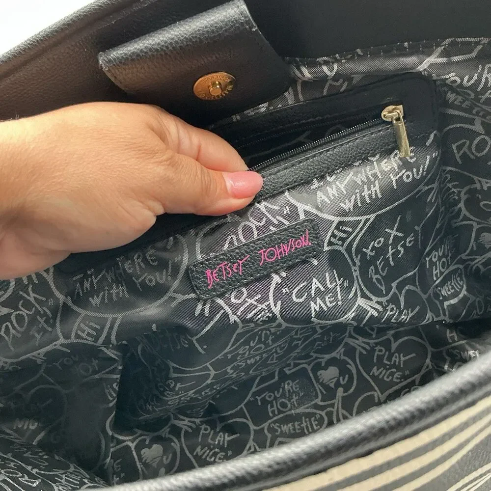 Betsey Johnson Black White Stripe Large Tote Bag Bows Hearts Lipstick Charms
